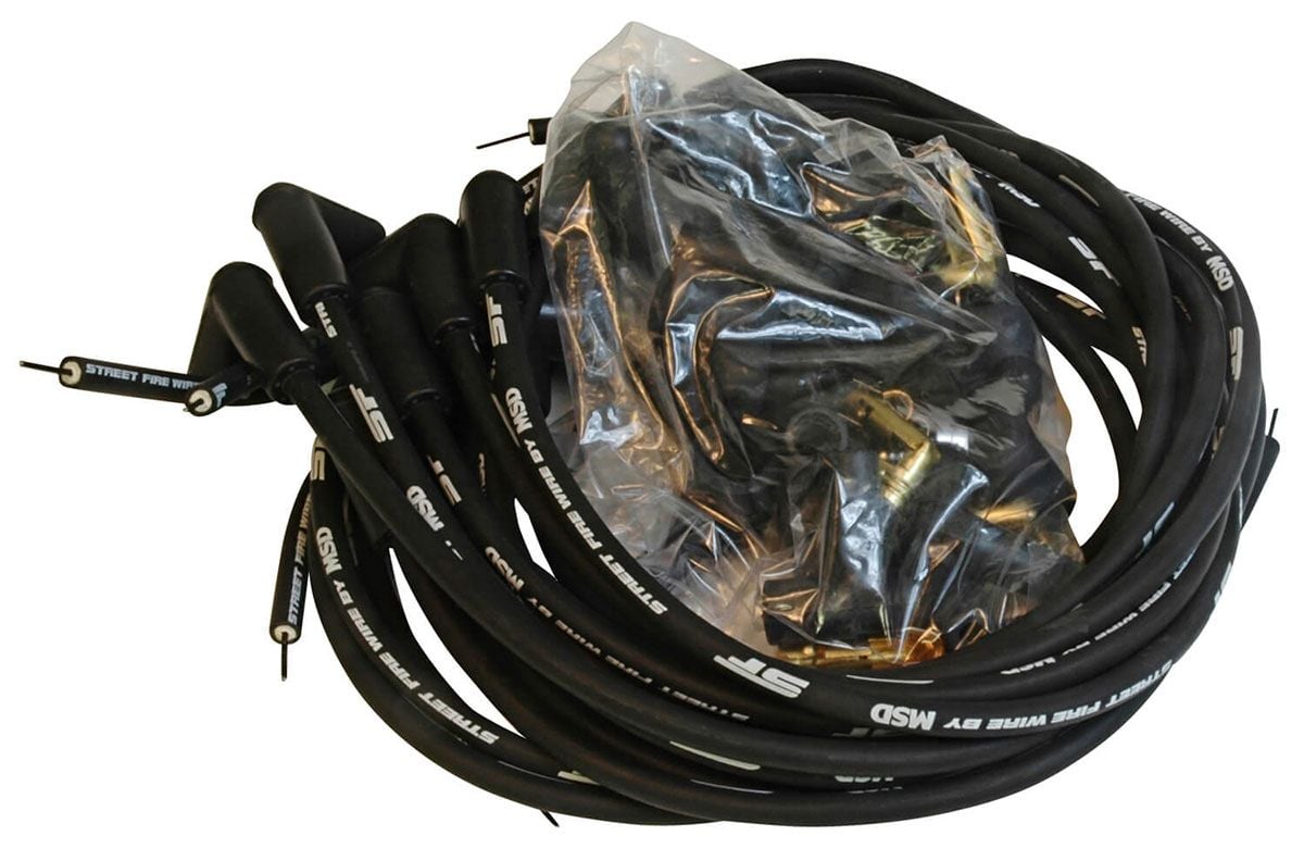 Street Fire Ignition Lead Set Universal V8, 8mm, Black, 90° Plug Boots, Socket & HEI Distributor Cap